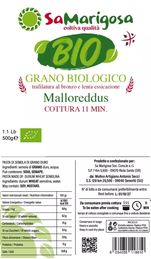 Ekologiški malloreddus makaronai Sa Marigosa, 500 g