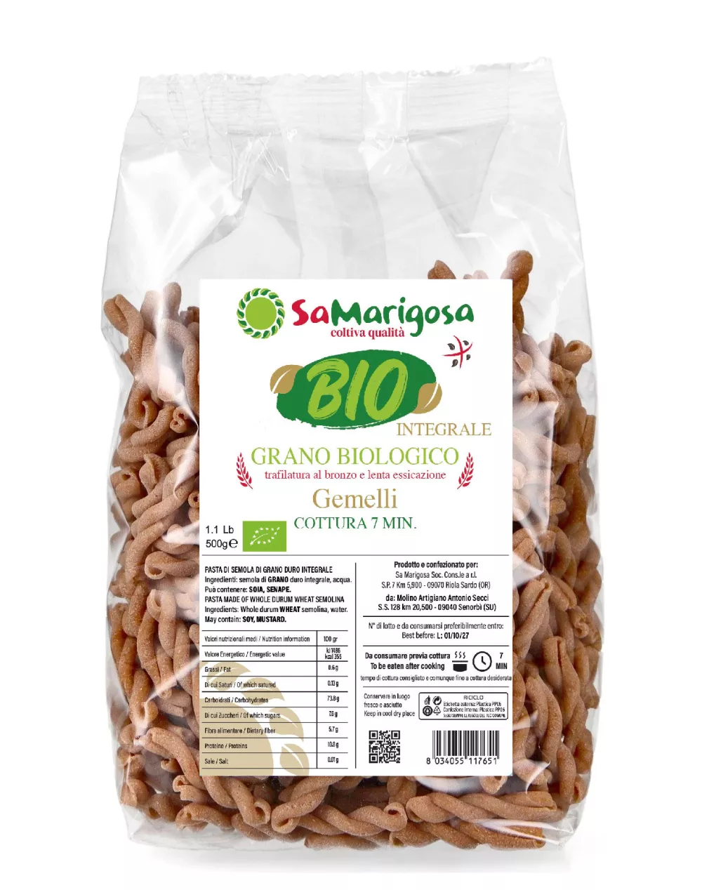 Ekologiški pilno grūdo gemelli makaronai Sa Marigosa, 500 g